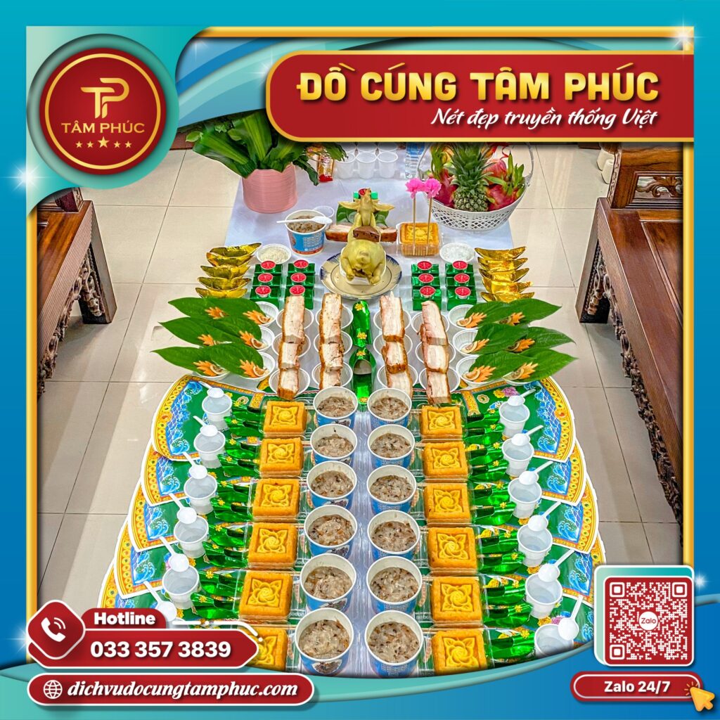 Mâm cúng căn cho bé trai bày trí tỉ mỉ